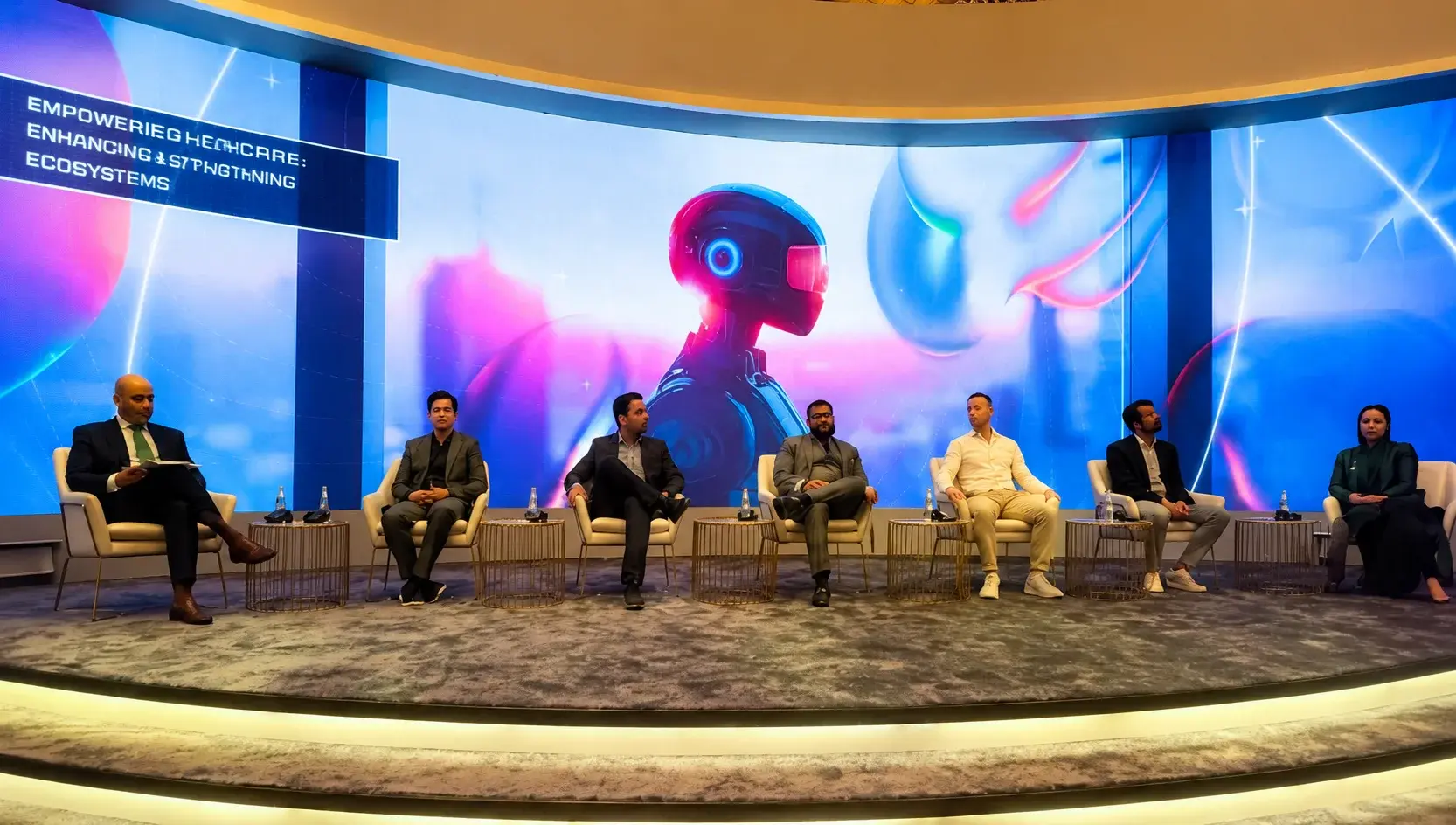 Panel discussion in front of an AI technology showcase screen