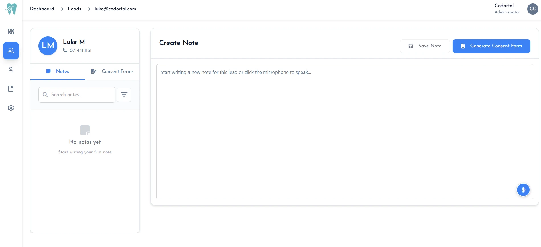 Codortal lead record with notes, consent forms, and one-click consent form generation