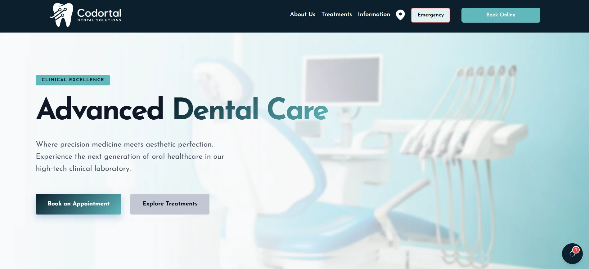 Codortal patient-facing dental site with online booking and the AI assistant chat launcher