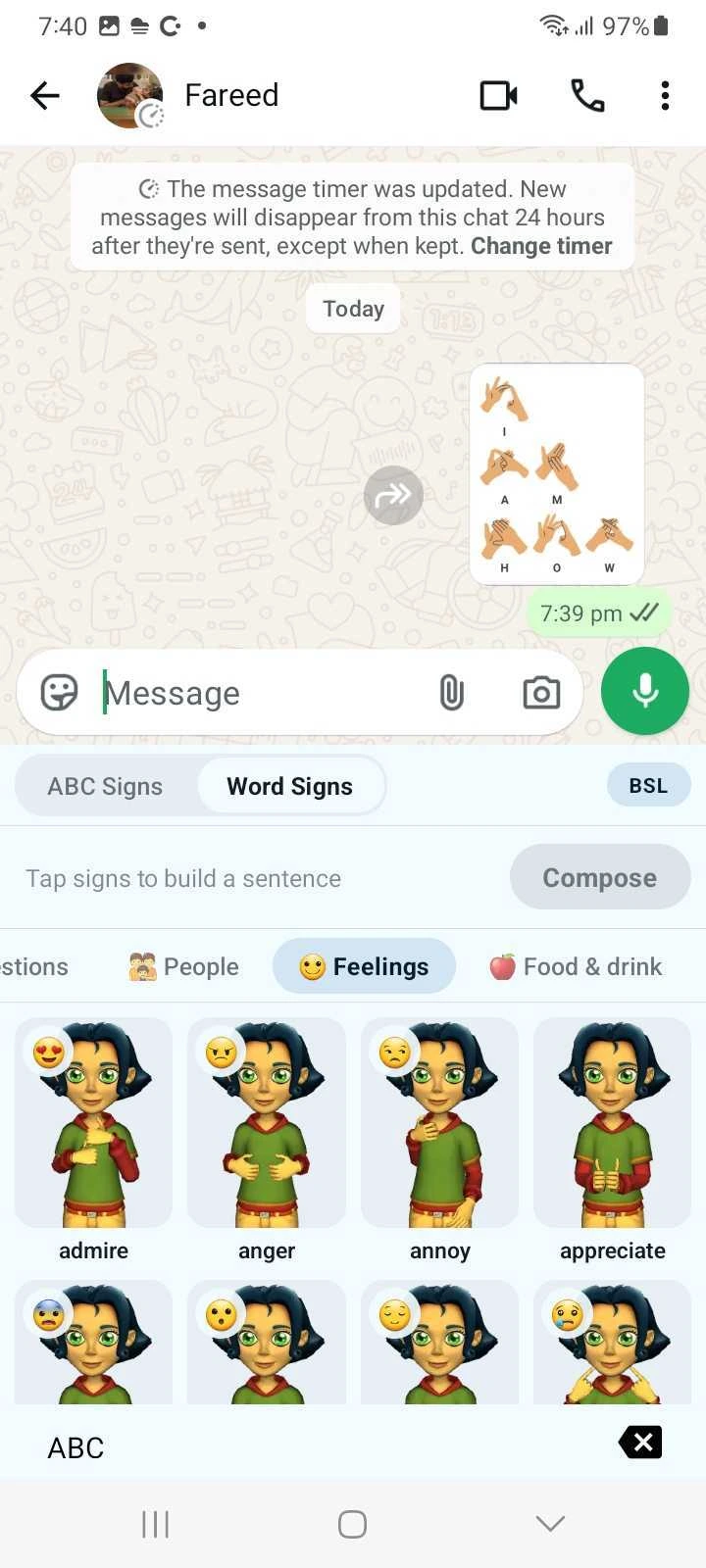 Feelings category of word signs with the 3D avatar, alongside ABC Signs and sentence composition