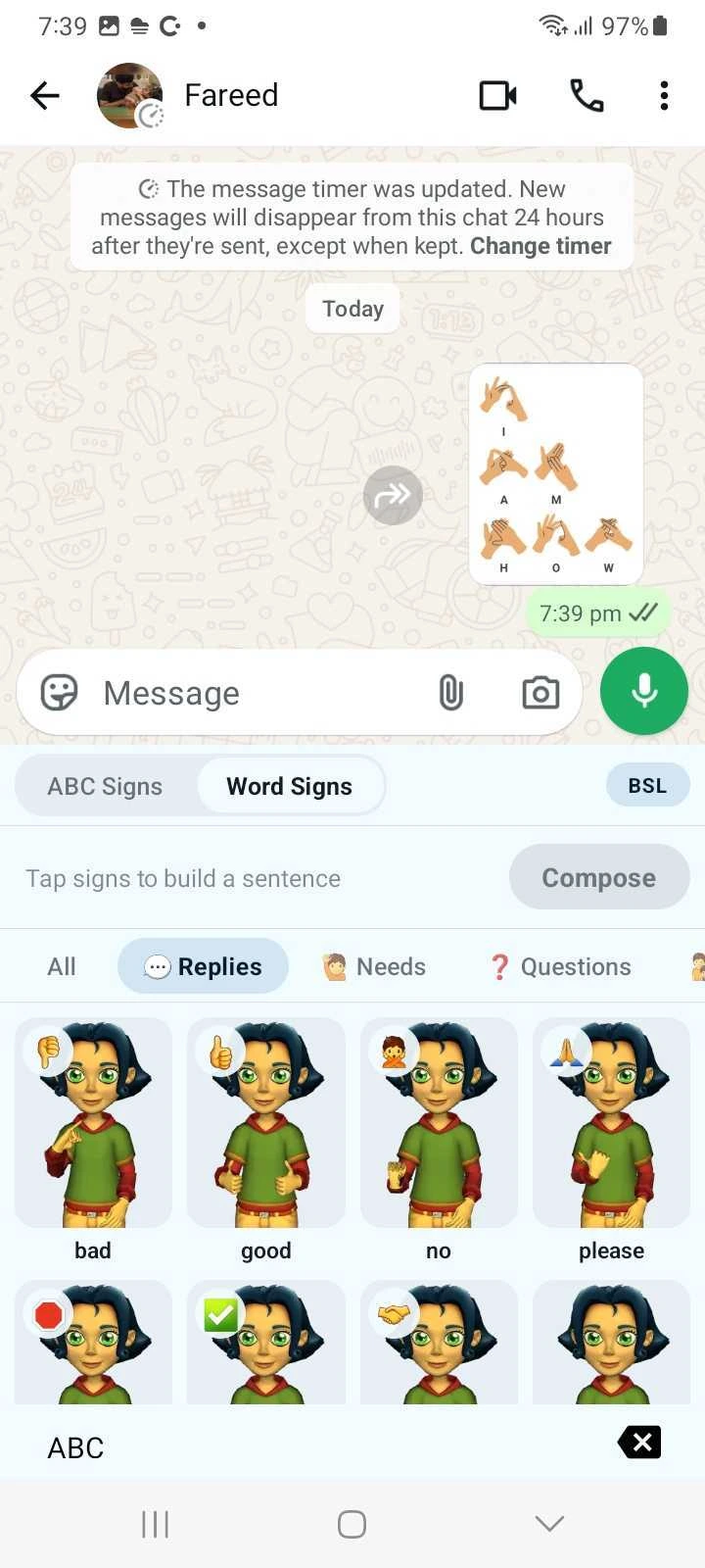 Quick-reply word signs such as good, no, and please performed by the 3D avatar on Android