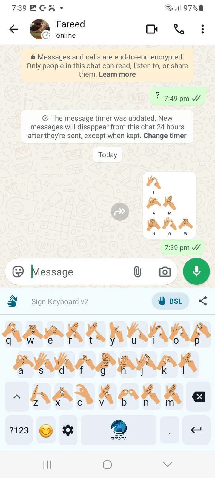 Fingerspelled sign message sent in a chat, showing each letter as its BSL hand shape