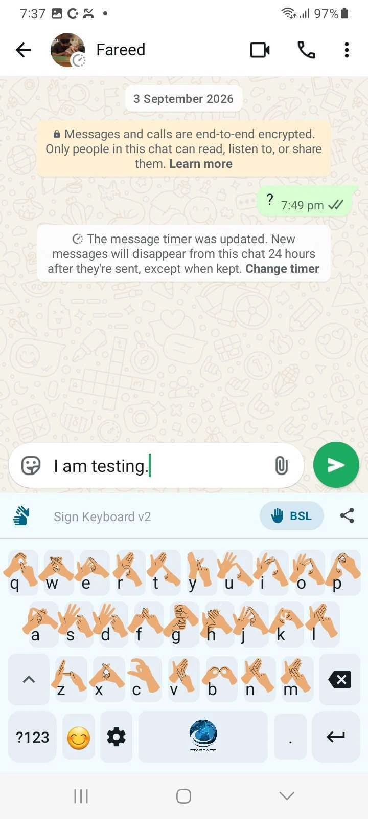 Message composed with the sign language keyboard, ready to send in a chat conversation